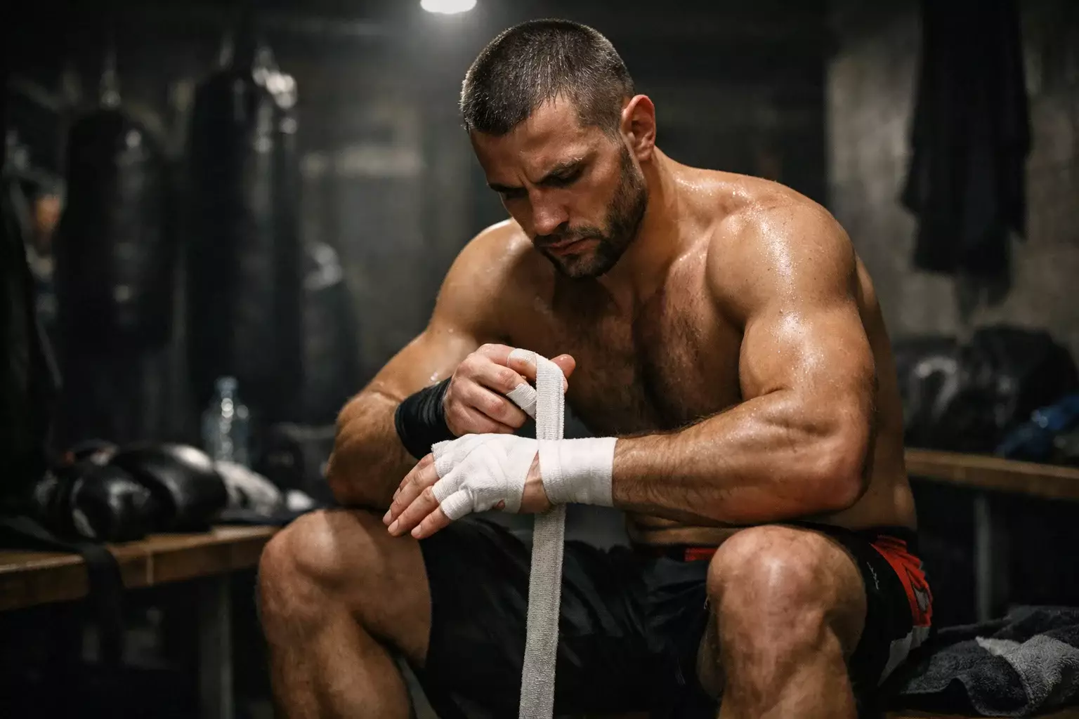 Zawodnik MMA przygotowujący się do walki w szatni