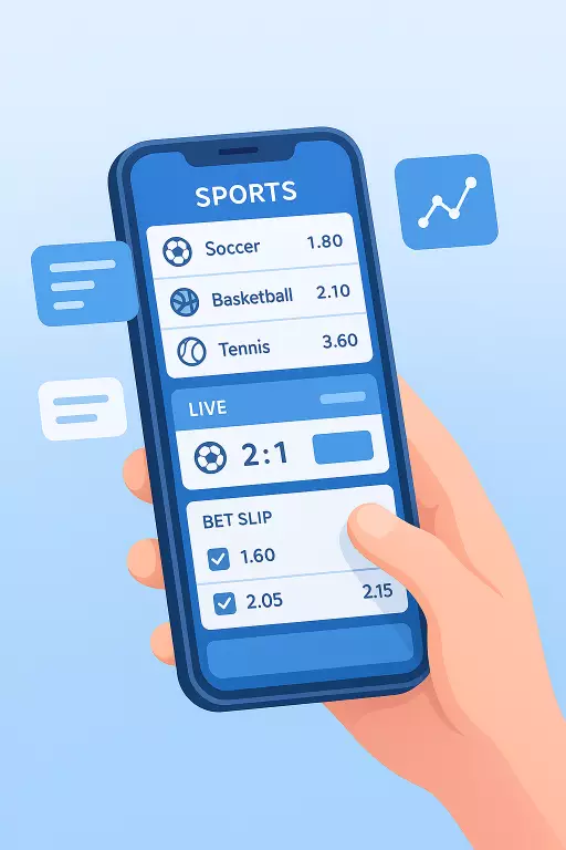 Nowoczesny smartfon z interfejsem aplikacji bukmacherskiej pokazującym listę sportów, kursy i kupon zakładów
