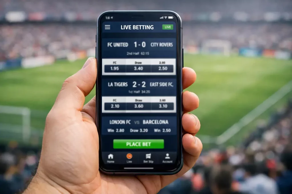 Smartfon z aplikacją sportową na ekranie trzymany w dłoni na tle stadionu piłkarskiego