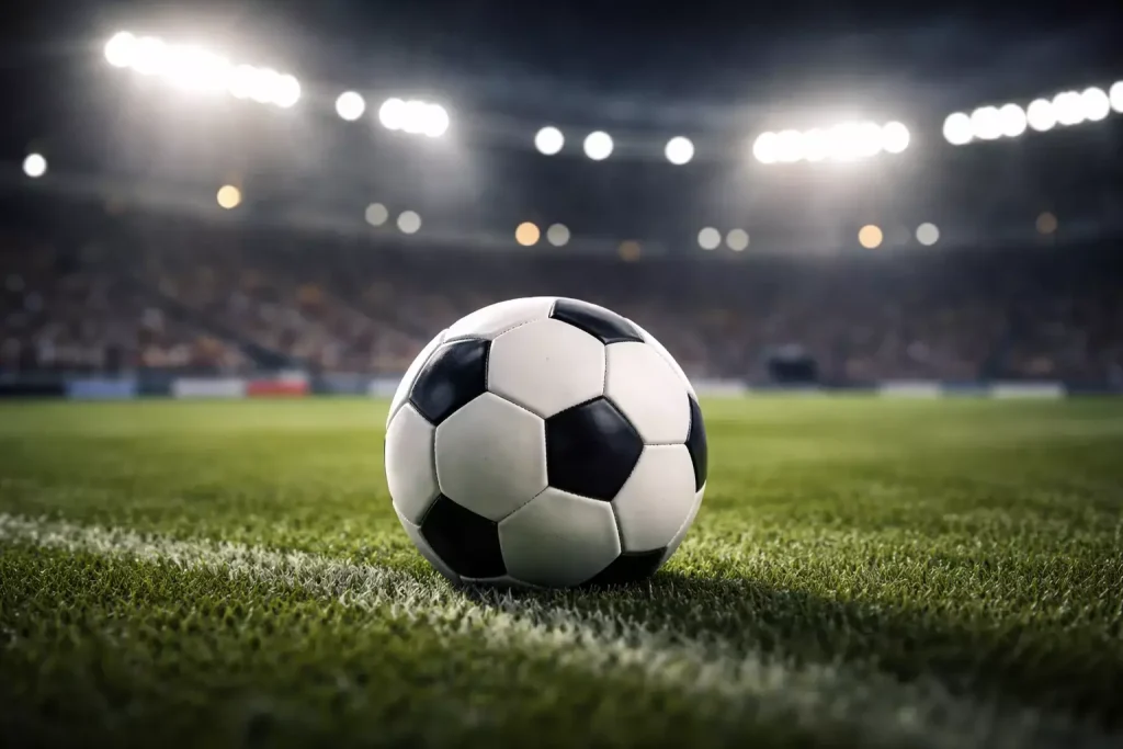 Piłka nożna na murawie stadionu z oświetlonymi trybunami w tle