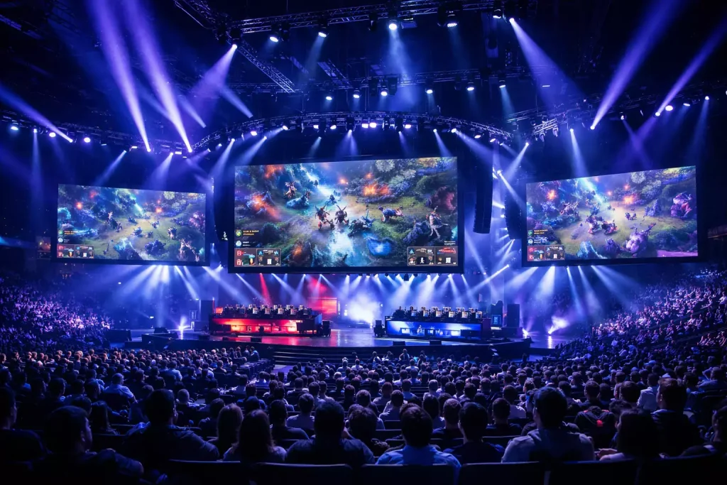 Arena e-sportowa z oświetloną sceną i ekranami podczas turnieju