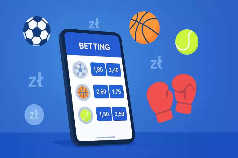 Nowoczesna aplikacja bukmacherska na smartfonie z ikonami różnych sportów i kursami zakładów