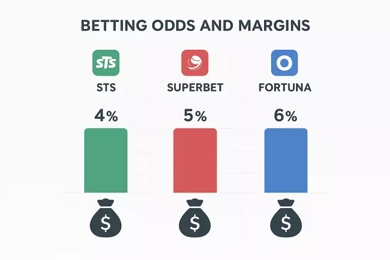 Porównanie kursów i marży bukmacherskiej - STS, Superbet, Fortuna infografika