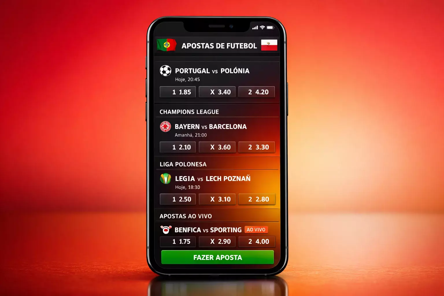 Smartfon z nowoczesną aplikacją bukmacherską na tle portugalskich kolorów
