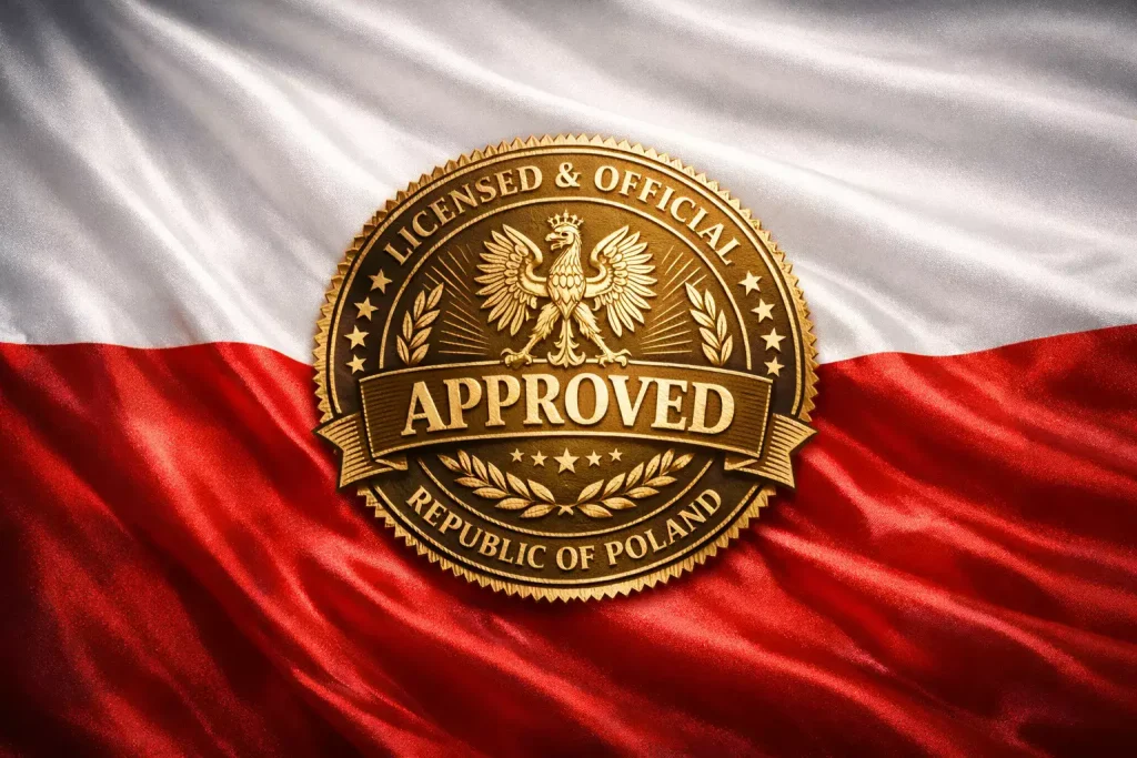 Polska flaga z symbolem licencji i zaufania