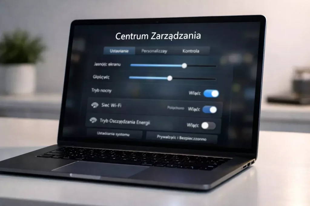 Panel ustawień na ekranie laptopa z suwakami i opcjami kontroli