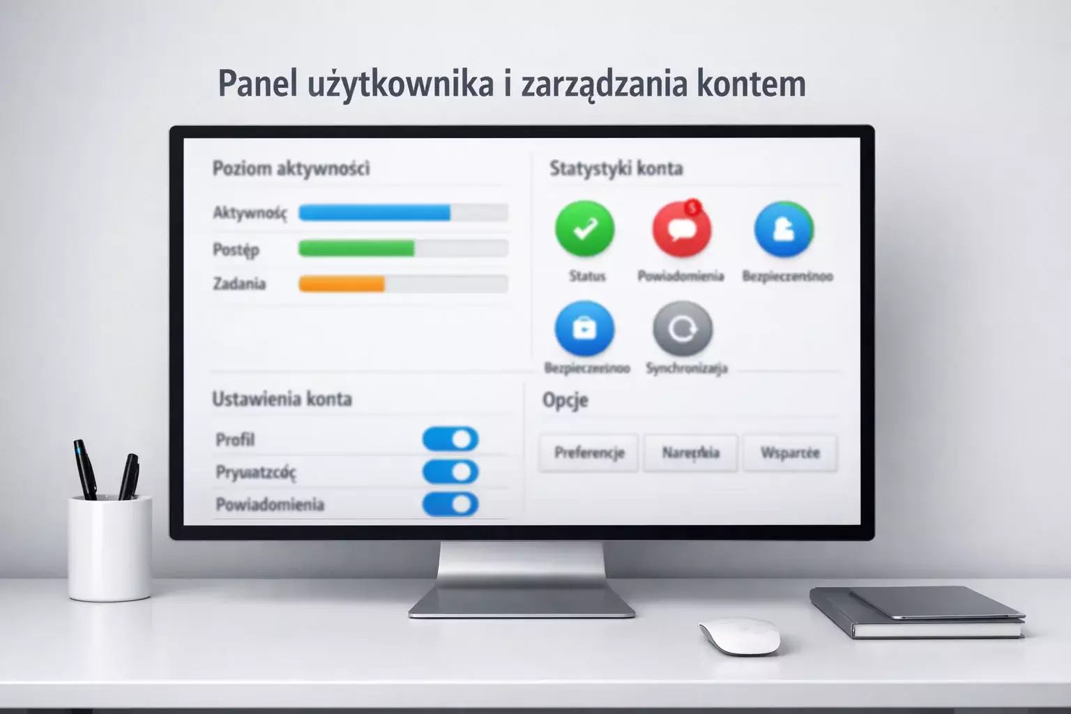 Ekran komputera pokazujący interfejs panelu użytkownika z opcjami