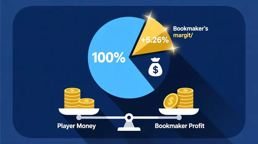 Schemat ilustrujący marżę bukmachera - diagram pokazujący 105.26% i zysk operatora