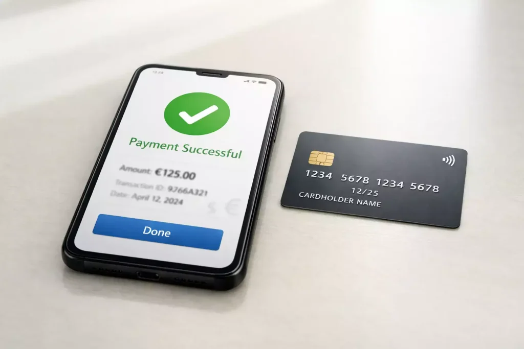 Smartfon z aplikacją płatniczą i karta kredytowa na biurku