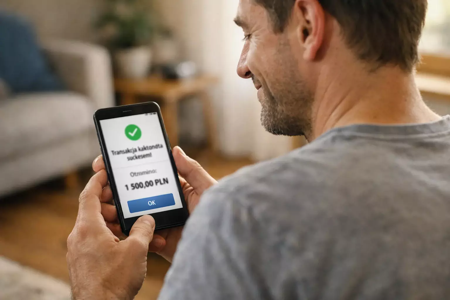 Osoba sprawdzająca powiadomienie o przelewie na smartfonie z uśmiechem