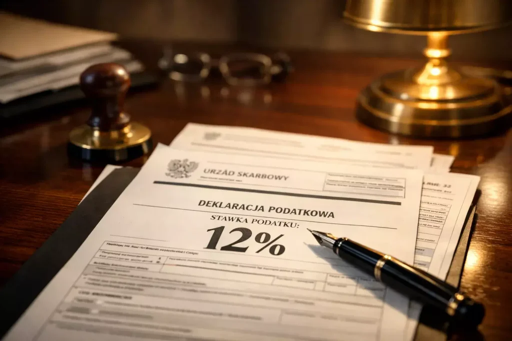 Dokumenty podatkowe i pieczęć urzędowa na biurku