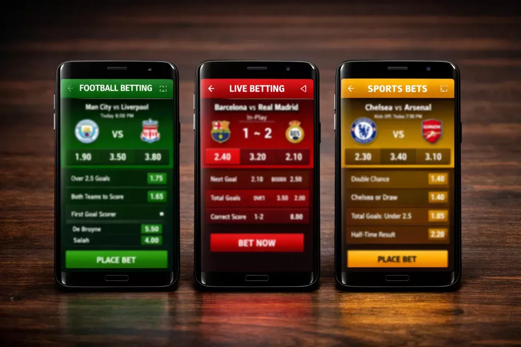 Trzy smartfony z aplikacjami bukmacherskimi STS, Superbet i Fortuna