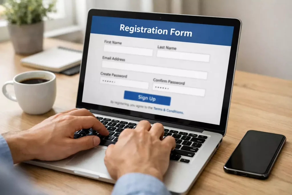 Osoba wypełniająca formularz rejestracyjny na laptopie w domowym biurze