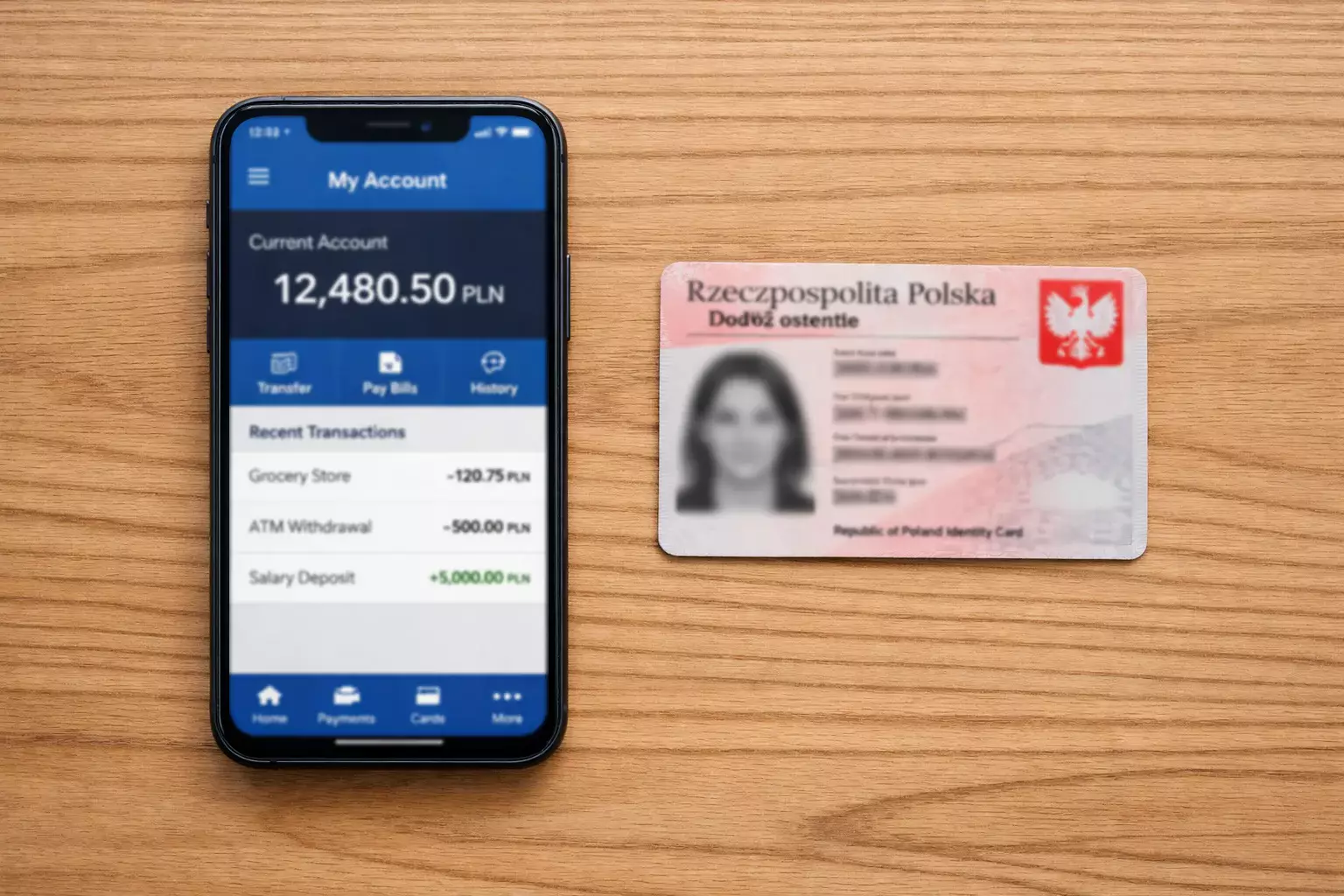 Smartfon z aplikacją bankową obok dowodu osobistego na biurku