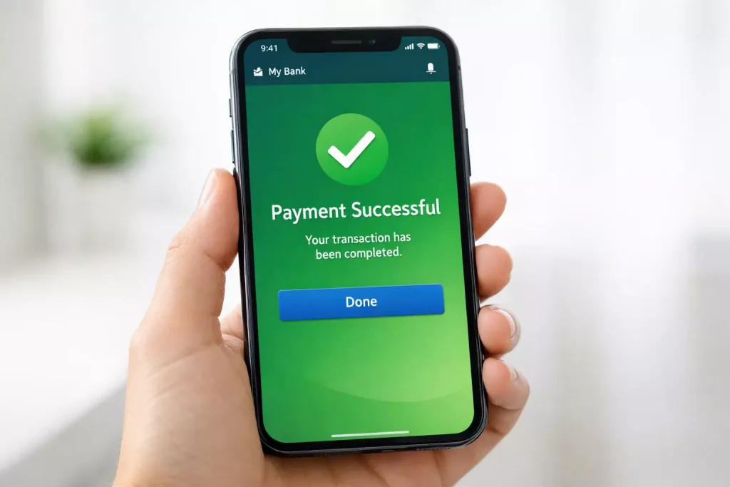 Smartfon z powiadomieniem o pomyślnej wypłacie środków