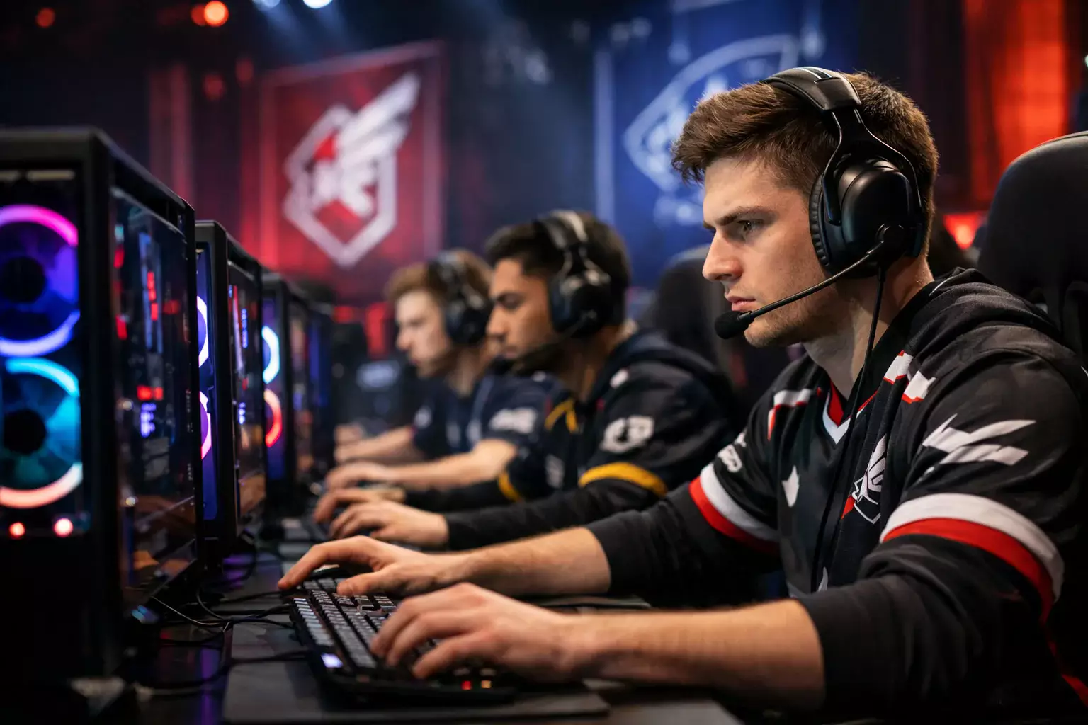 Gracze e-sportowi przy komputerach podczas profesjonalnego turnieju