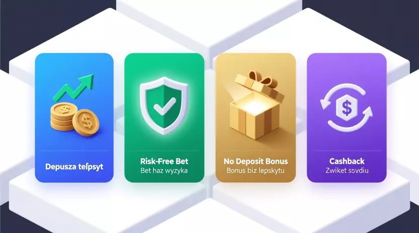 Infografika przedstawiająca różne typy bonusów bukmacherskich - bonus depozytowy, zakład bez ryzyka, cashback i freebety