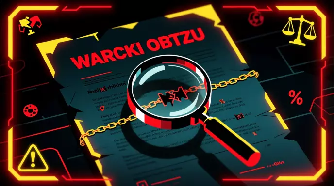 Ostrzeżenie o warunkach obrotu bonusu - lupa badająca drobny druk regulaminu i ukryte pułapki