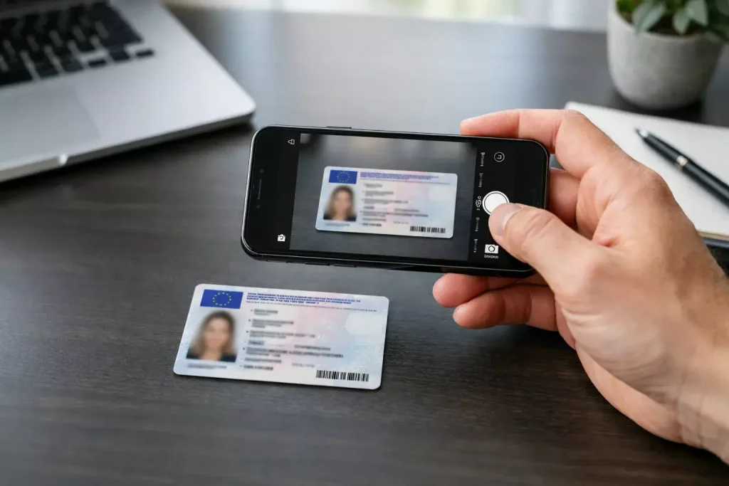 Osoba robiąca zdjęcie dowodu osobistego smartfonem na biurku