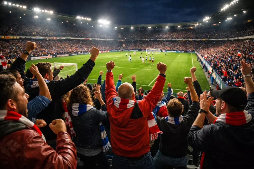 Kibice oglądający mecz piłkarski na żywo na stadionie