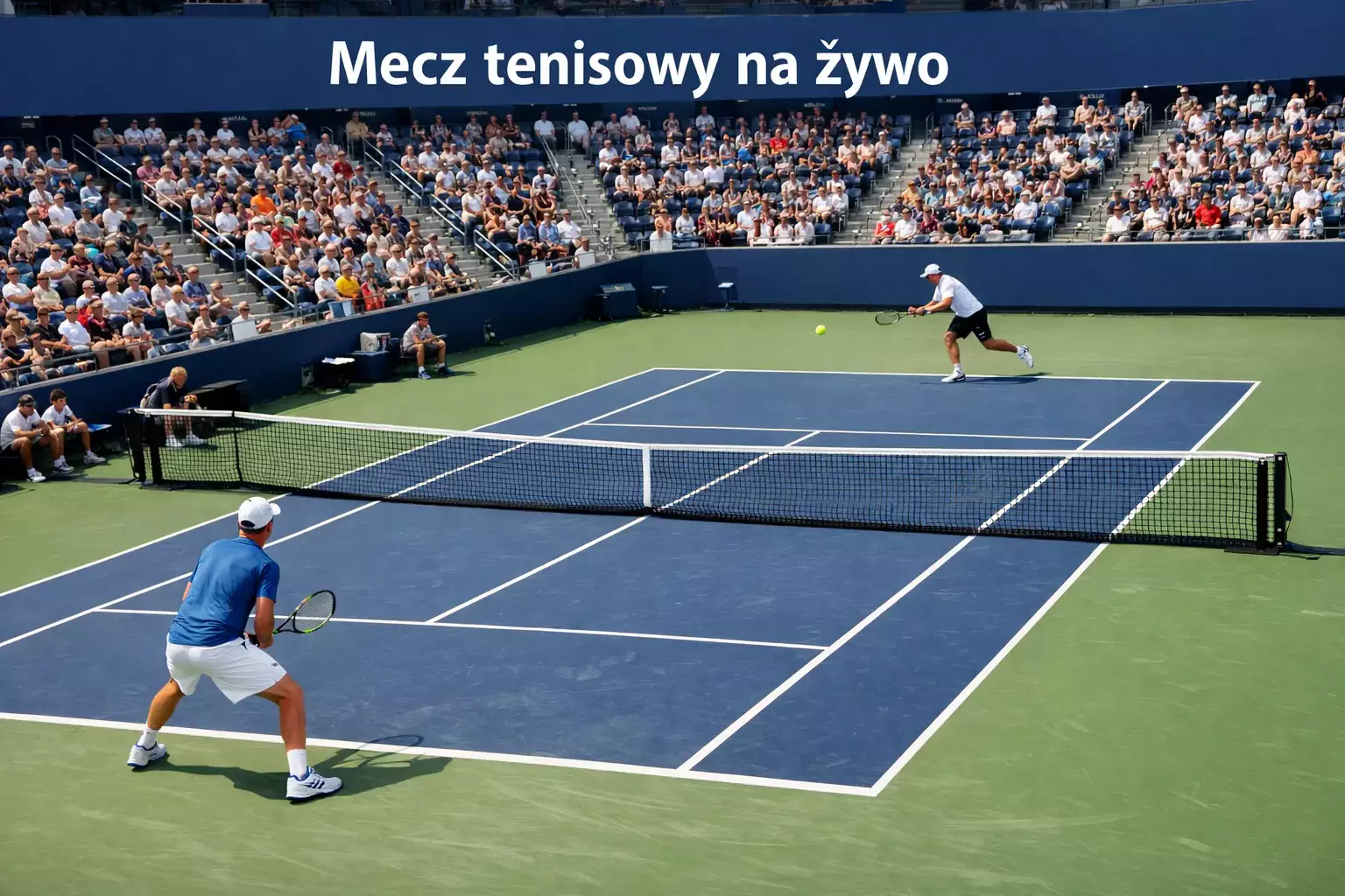 Widok kortu tenisowego podczas meczu z perspektywy trybun